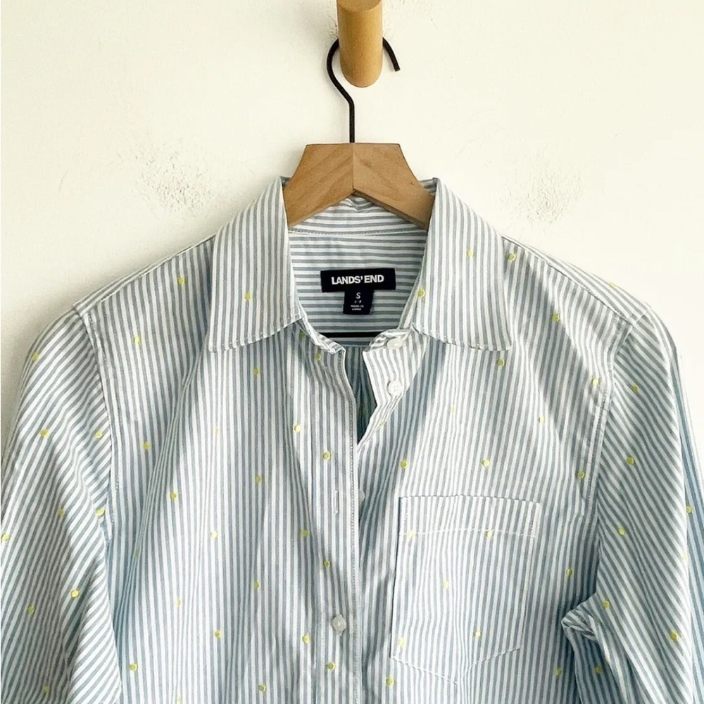 Lands'End Women's Classic Polka Dot Striped Shirt Top Blue Yellow Size Small